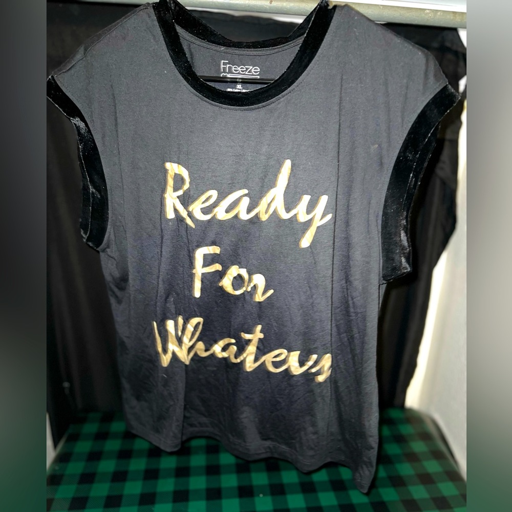 Freeze brand graphic tee “Ready for whatevs” velvet accents